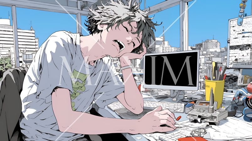 仕事中にあくびをしている若い女性