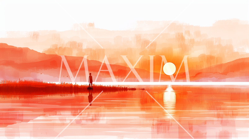 赤一色で表現した湖畔から見た夕日と夕焼け