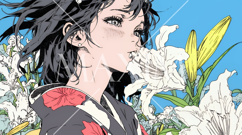 ユリの花と若い女性