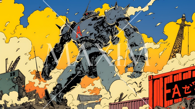 巨大関税ロボットが自由貿易港のコンテナ基地を破壊して、輸出入を妨害している