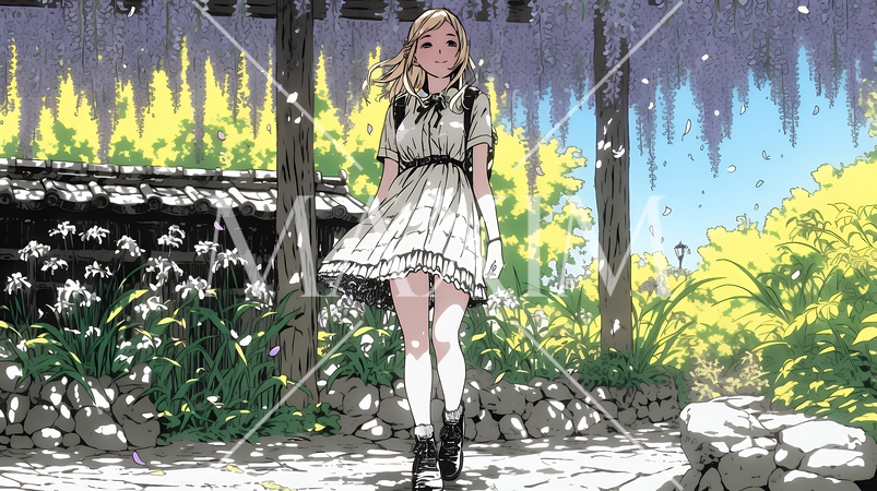 満開の藤の花の下を歩いている若い女性