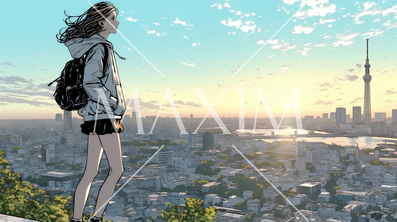 夕暮れ（朝の）都市のランドスケープを眺めている若い女性