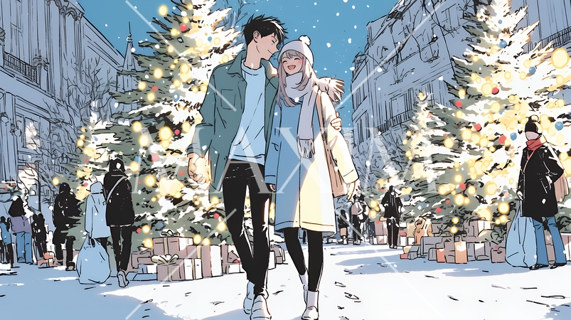 クリスマスイルミネーションの街でデートしているカップル