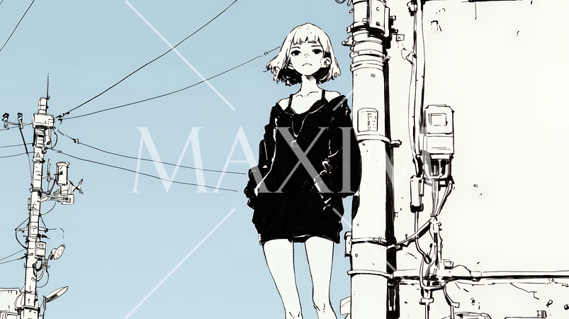 若い女性が佇む都市の街角（シンプルな色使い）