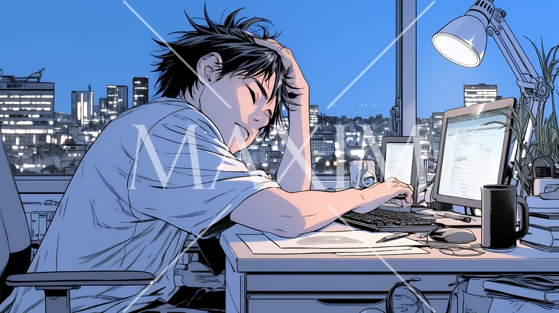 夜遅くまで残業するビジネスマン｜疲れた表情でパソコン作業をする会社員のビジネスイメージ