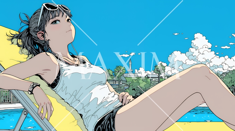 プールサイドのデッキチェアでくつろぐ若い女性｜夏のリゾートとリラックスライフスタイルイメージ