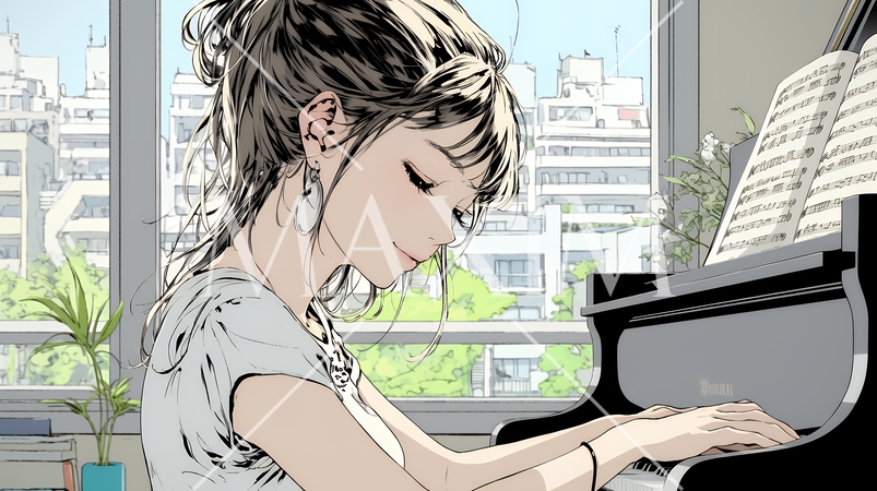 ピアノを弾いている若い女性