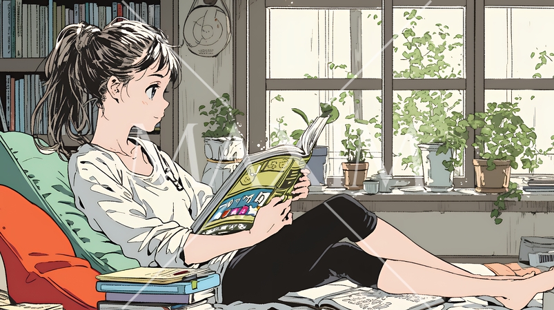 読書の秋：リビングルームで本を読んでいる若い女性