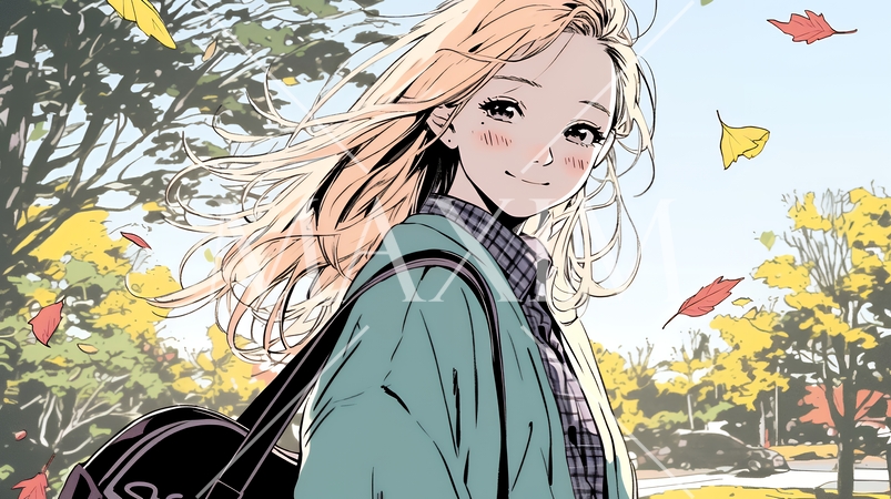 紅葉の秋の公園を歩く若い女性