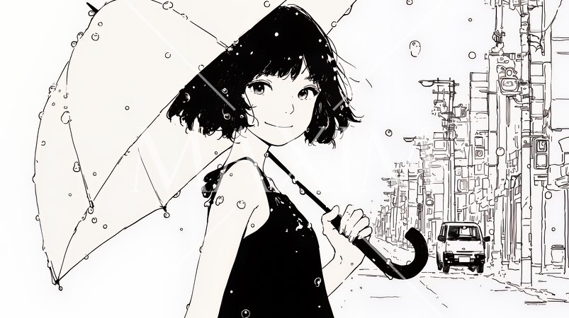 雨の日に傘をさして歩く若い女性（シンプルな色使い）