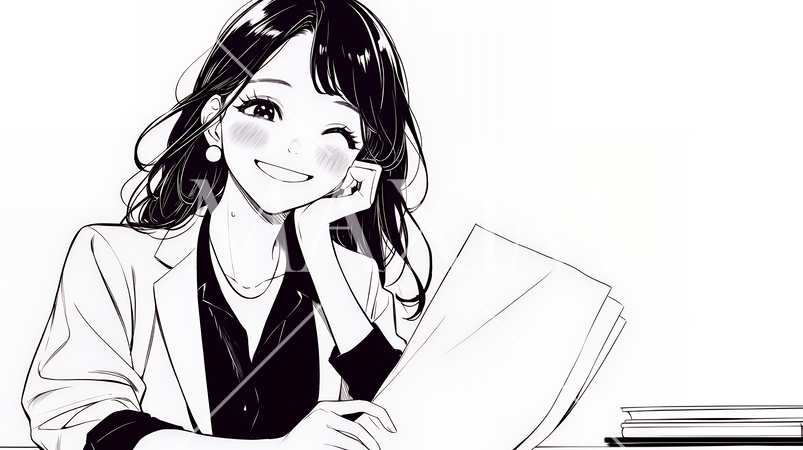 書類を確認するビジネスウーマン（シンプルな色使い）