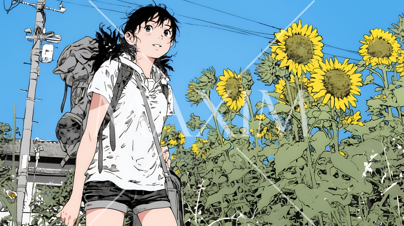 夏の晴天の日、ひまわりの畑を散策している黒髪の若い女性