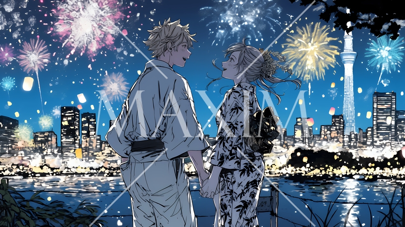 打ち上げ花火を見ている若いカップル