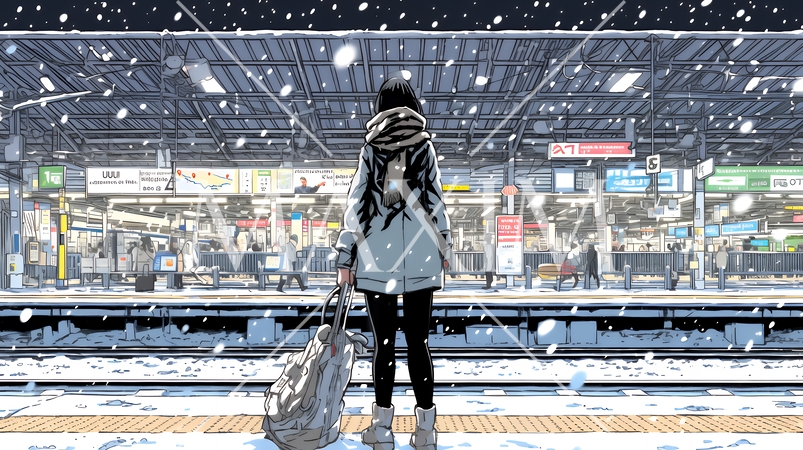 雪の降るホームで電車待ちをしている若い女性