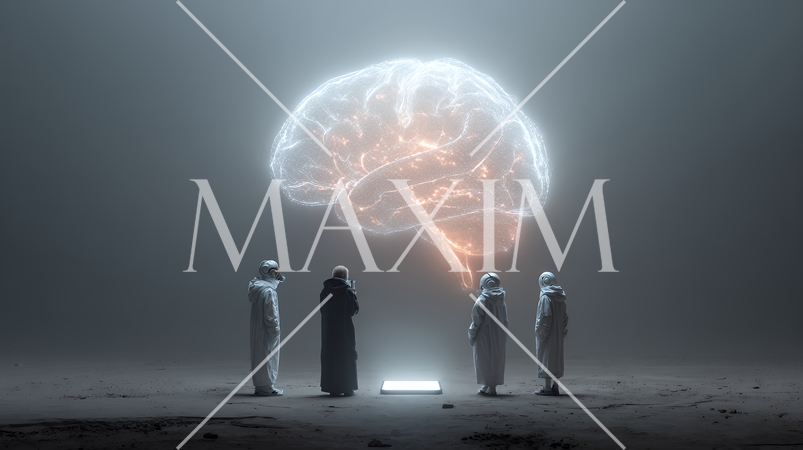 人々が抱く生成AIの抽象的なイメージ：人々が見上げる輝く脳がある