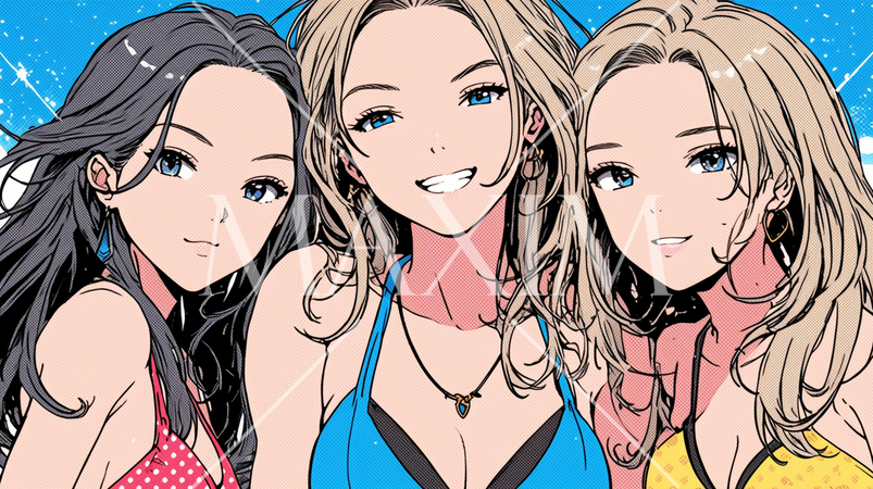 ビキニを着て南の島を散策中の若い女性