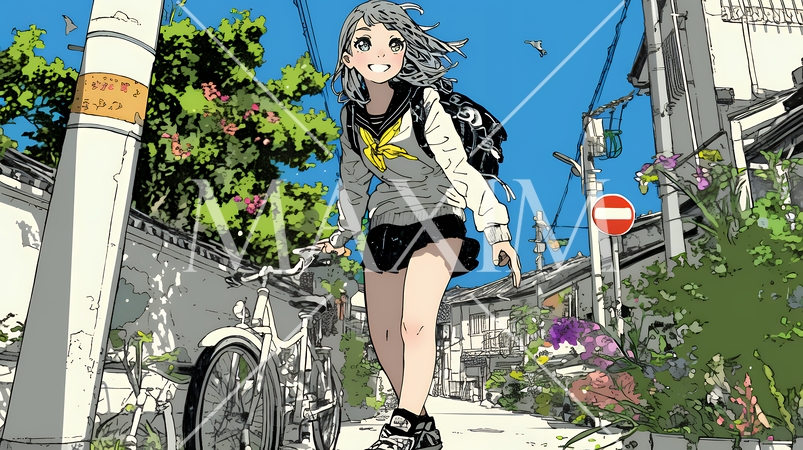 学校に遅れそうで道を急いでいる女子高生