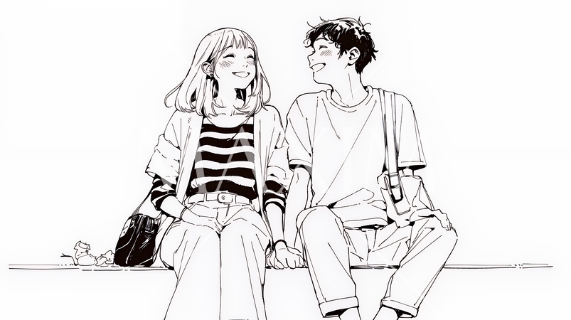 希望に満ちたライフスタイルを過ごす若いカップル：未来を見つめている（シンプルな色使い）