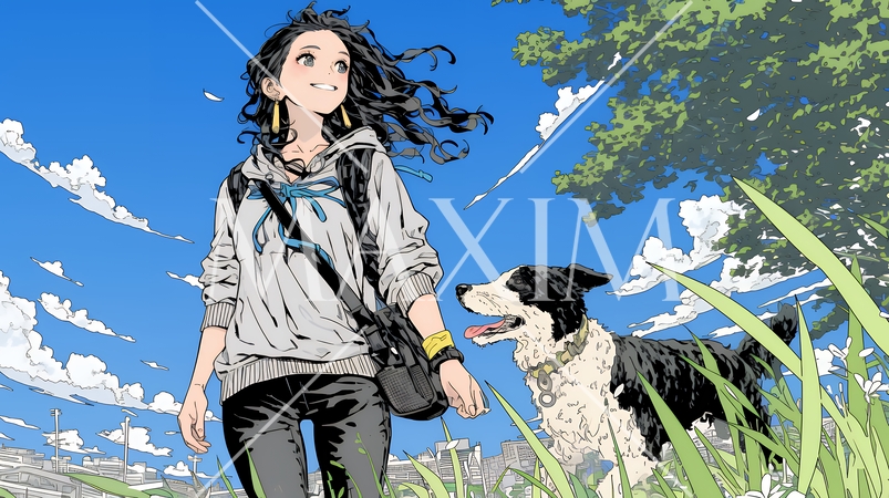 愛犬と散歩している若い女性