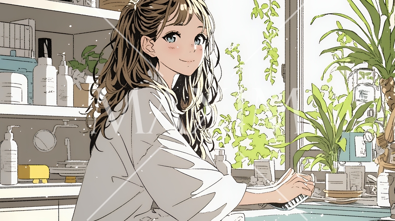 スキンケアを念入りに行う若い女性