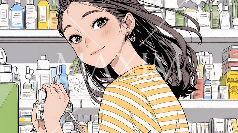 ドラッグストアでコスメを選ぶ若い女性