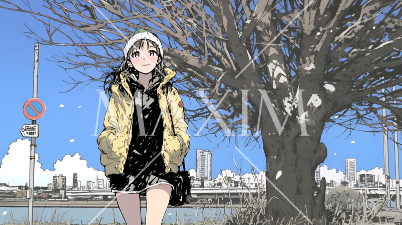 冬枯れの街を歩く若い女性