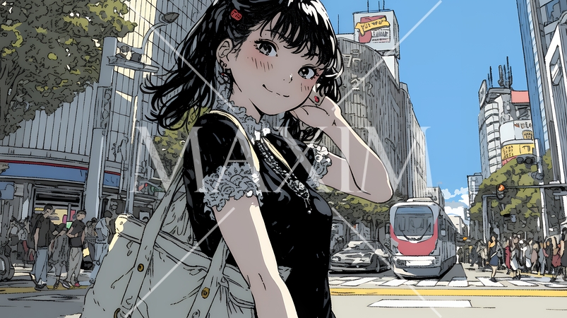 ハロウィン：ゴシックロリータファッションで町を歩く若い女性