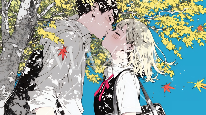 秋の紅葉の下でキスをしている若い恋人たち