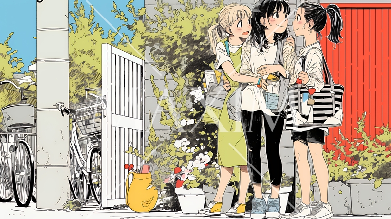 道端で会話を楽しむ若い主婦たち（ママ友たち）