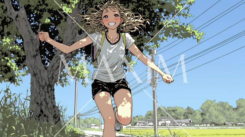 喜びにあふれ、軽やかにスキップする若い女性