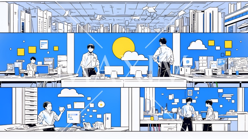 ITビジネスとクラウド技術のコンセプト｜ノートPCで働くチームとデータネットワークのイメージ