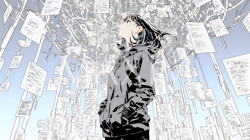 デジタルデータと日本人ビジネスウーマン｜AI・IT時代のテクノロジーイメージ（バイナリーコード）