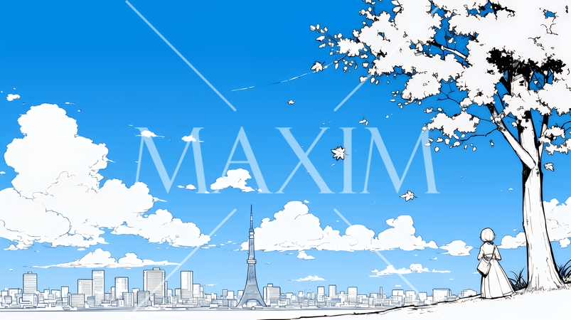 都市の町並みと青空（シンプルな色使い）