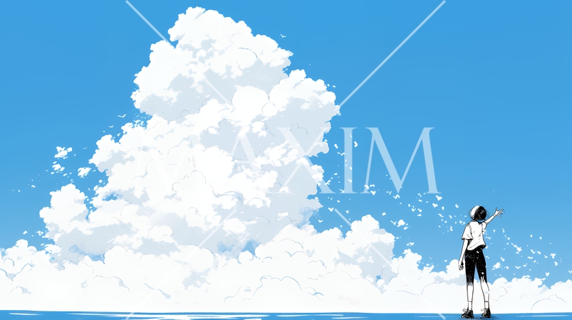 夏の海と入道雲と若い女性（シンプルな色使い）