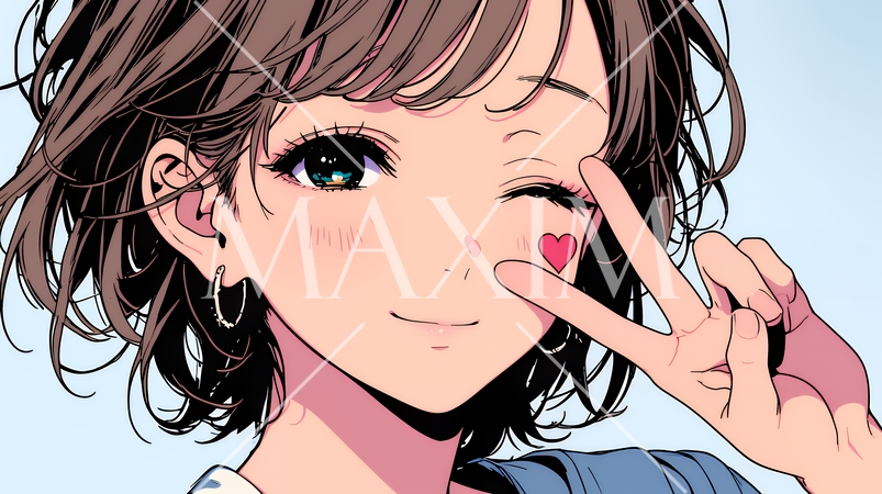 笑顔でピースサインを見せる若い女性