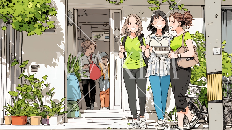 道端で会話を楽しむ若い主婦たち（ママ友たち）