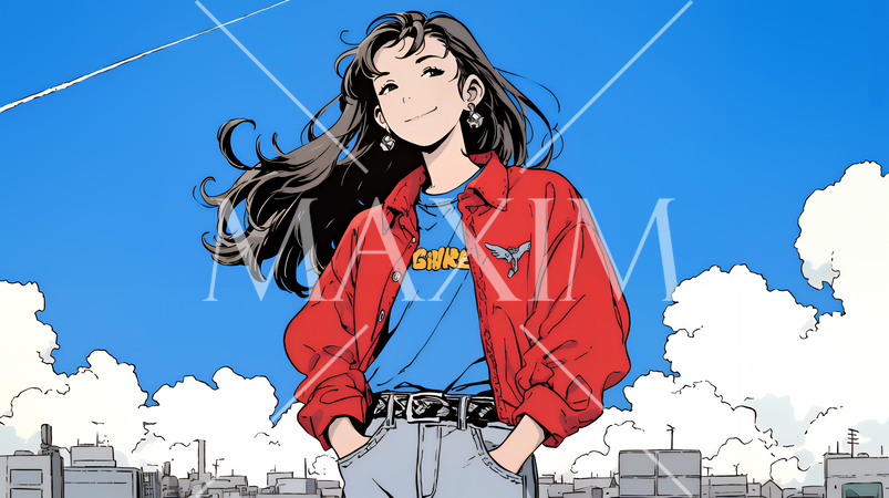 やる気満々：青い空の下、やる気いっぱいの若い女性