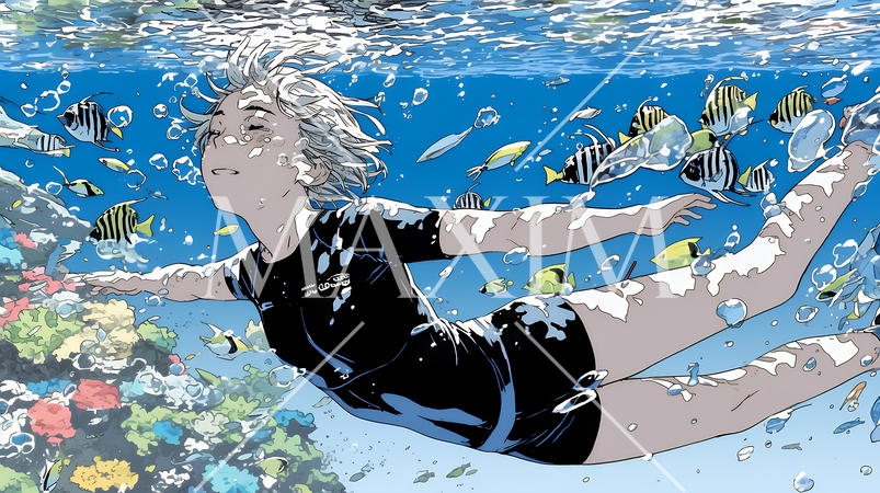 海で泳いでいる若い女性