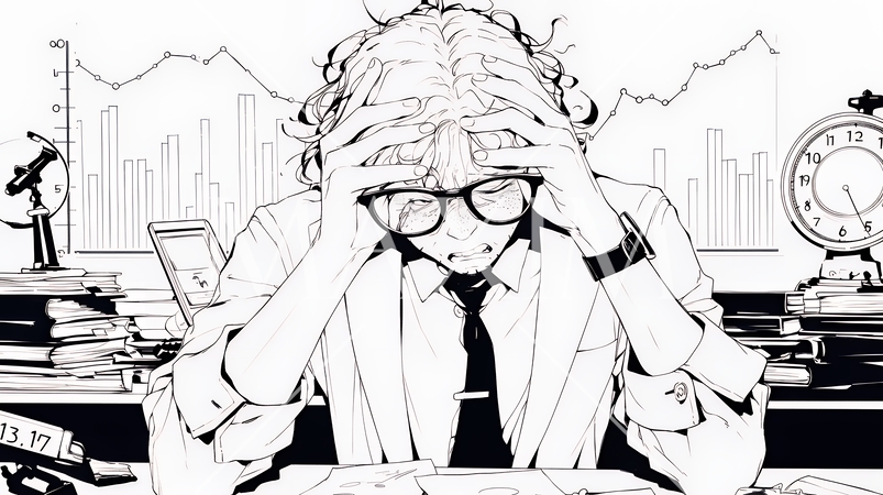 金融市場の急激な変動で頭を抱えている男性（シンプルな色使い）