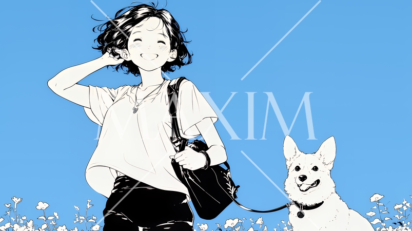 愛犬と散歩している若い女性（シンプルな色使い）
