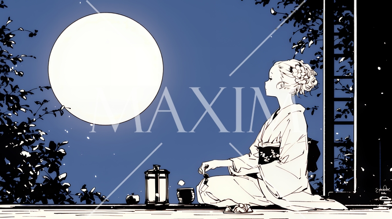 月見をしている和服姿の若い女性（シンプルな色使い）