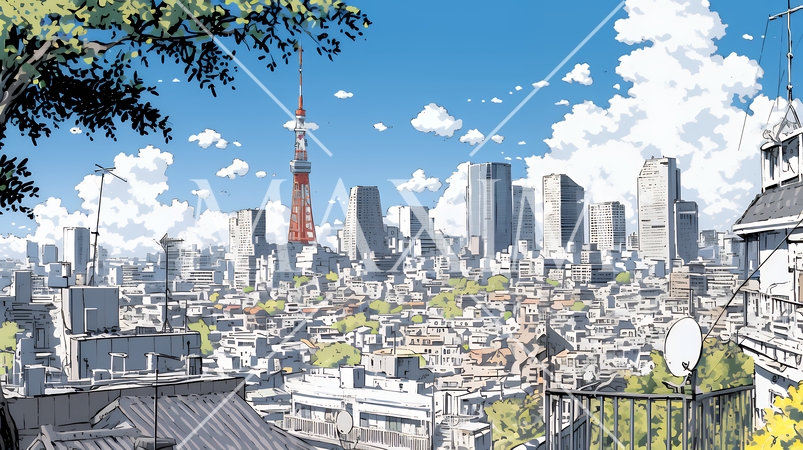 都市の町並みと青空