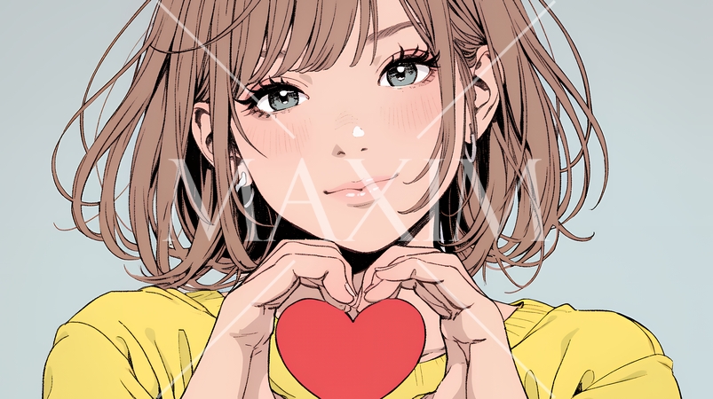 ハートマークを手で作り愛情表現をしている若い女性