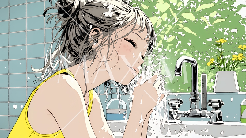 洗面所で朝の洗顔をする女性