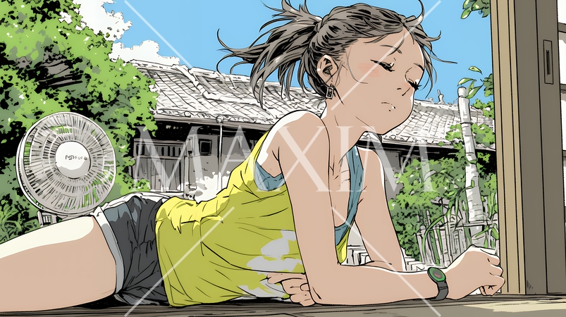 暑い夏の昼下がり、扇風機にあたって涼んでいる若い女性