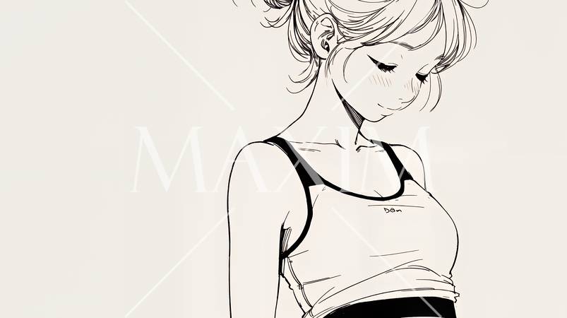 ウェストライン（腰回り）をチェックしている女性（シンプルな色使い）