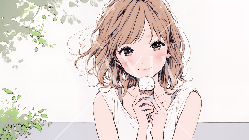 夏空の下でソフトクリーム（コーンに乗ったアイスクリーム）をたべる若い女性（シンプルな色使い）