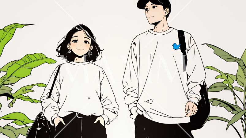 希望に満ちたライフスタイルを過ごす若いカップル：未来を見つめている（シンプルな色使い）