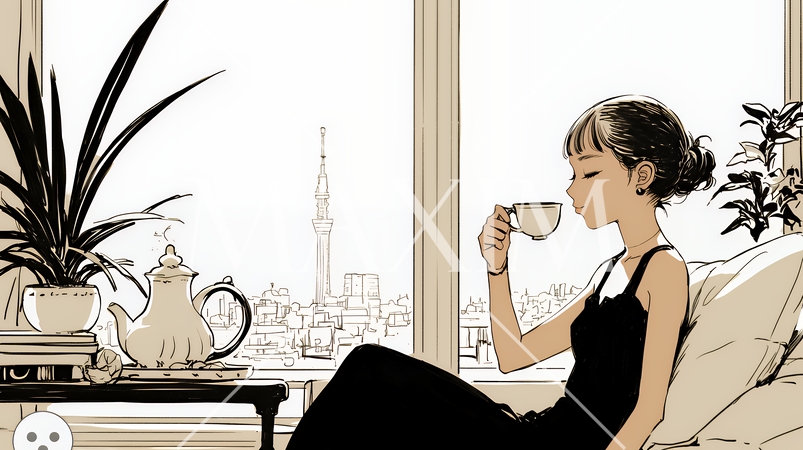 リビングで紅茶を飲んでいる女性（シンプルな色使い）