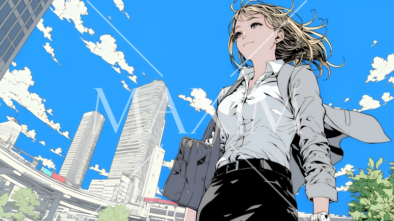 自信満々に晴天の都会の街を歩いているビジネスウーマン